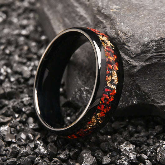 Anillo de Ópalo Rojo con Incrustaciones Negras y Baño de Oro - Image 2