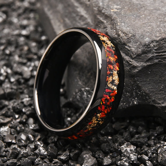 Anillo de Ópalo Rojo con Incrustaciones Negras y Baño de Oro