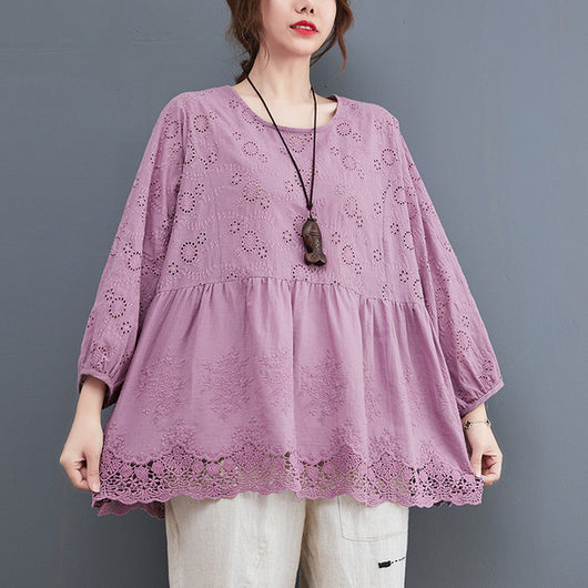 Blusa Manga Larga Cuello Redondo con Recortes y Bordados - Image 2