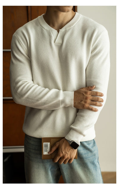 Suéter Henley Casual de Cuello V y Manga Larga para Hombre - Image 40