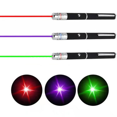 3-pack of black metal laser pointer pens, emitting red, green, and blue/purple lights, with a kitten playing. - Image 4