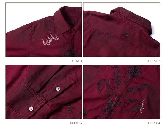 Camisa de Terciopelo Satinado Rojo Vino con Patrón Totem - Image 18