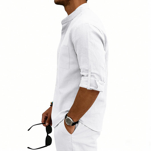 Camisa de Lino Estilo Americano con Cuello Mao y Mangas Medianas para Hombre - Image 33