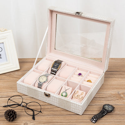 Caja Organizadora de Relojes de Cuero con Techo Transparente - 6 Compartimentos
