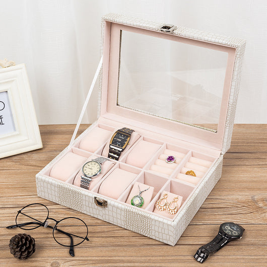 Caja Organizadora de Relojes de Cuero con Techo Transparente - 6 Compartimentos