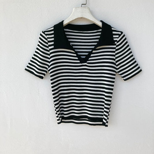 Camiseta Tejida Cuello Solapa con Perlas, Manga Corta Fresca para Verano