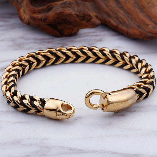Pulsera de Cuero Trenzado Estilo Coreano Vintage con Acero Titanio