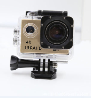 Pink 4K Ultra HD waterproof sport camera in a clear protective case with a black mount adapter. - Image 13