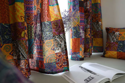 Bohemian retro style cotton linen curtains with a vibrant geometric patchwork pattern, one tied back with a rope. - Image 15