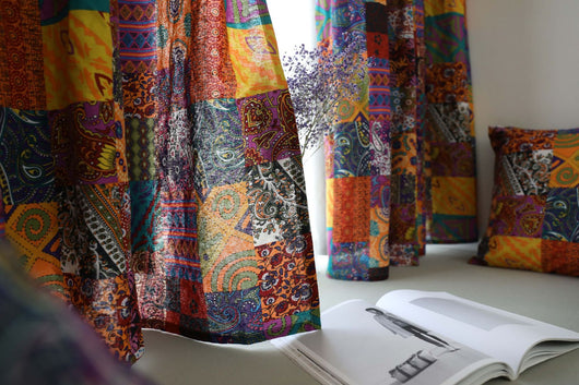 Bohemian retro style cotton linen curtains with a vibrant geometric patchwork pattern, one tied back with a rope. - Image 15