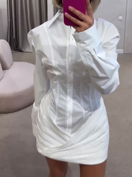 Vestido Camisero Blanco con Pliegues y Manga Larga - Image 3