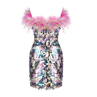 Vestido Corto Tubo Lentejuelas Degradado con Plumas Deslumbrante - Image 15