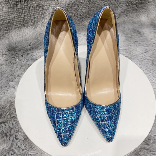Zapatos de Tacón Alto Azul con Lentejuelas para Bodas y Uso Diario - Image 4