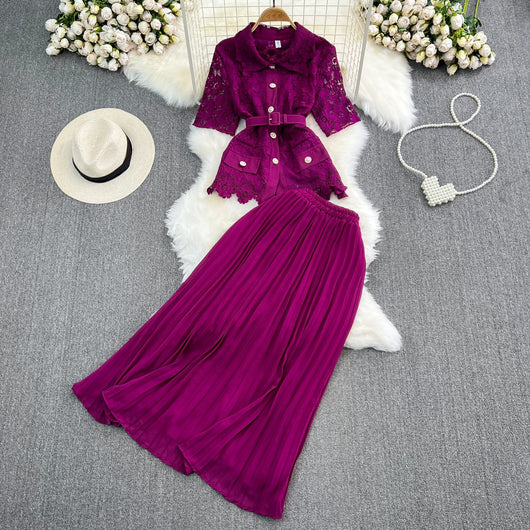 Conjunto Elegante: Blusa Suelta con Encaje y Falda Plisada de Cintura Alta - Image 8