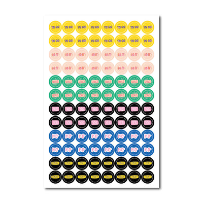 Colorful planner sticker sheet with labels for Scripture Study, Weekly Spending, and Work, featuring various shapes. - Image 8