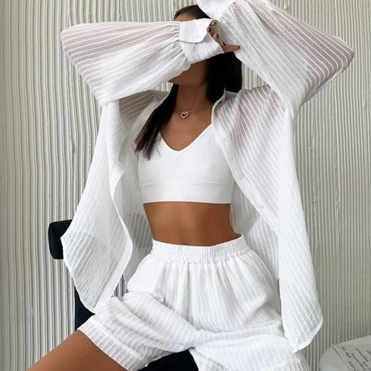 Conjunto de Dos Piezas: Blusa Texturizada Manga Larga y Shorts Casuales para Verano - Image 13