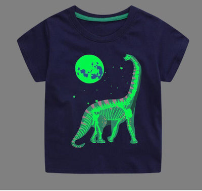 Dark blue short-sleeved children's t-shirt with multiple glowing jellyfish graphics and a yellow neck trim. - Image 10