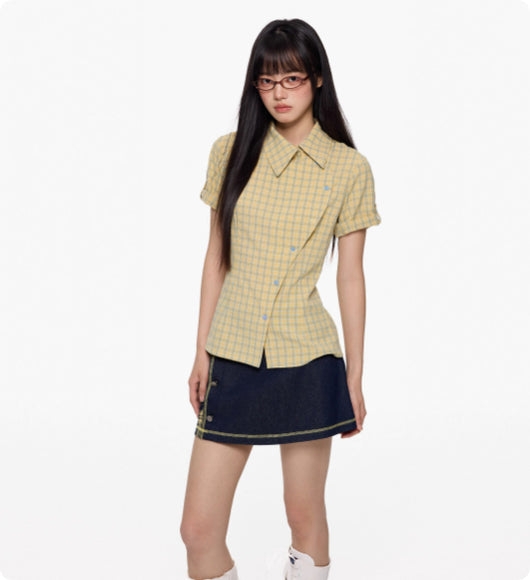 Camisa Cuadriculada Manga Corta Efecto Reductor para Mujer - Image 9