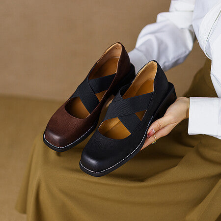 Zapatos Retro de Cuero Gamuza con Tacón Bajo y Elástico Ajustable