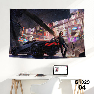 Cyberpunk 2077 tapestry featuring V and Jackie Welles with a neon-lit futuristic city skyline background. - Image 12