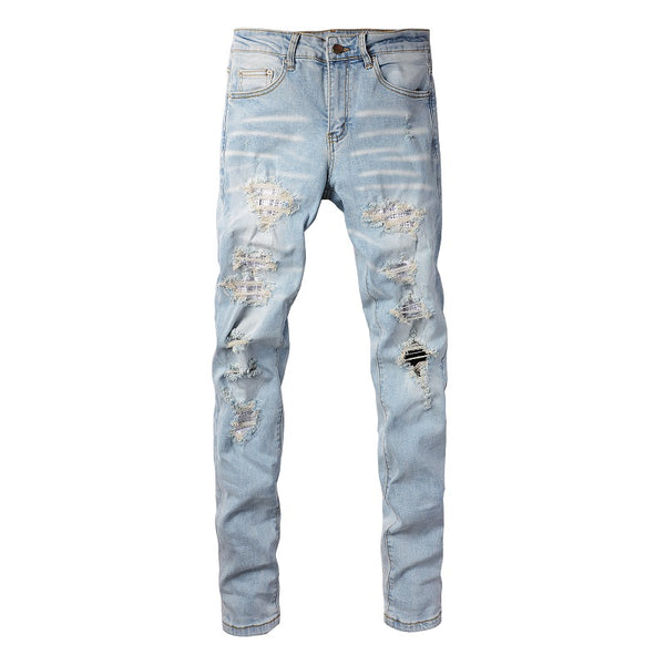 Jeans Ajustados para Hombre con Parches Diamante Claro y Detalles Perforados - Image 5