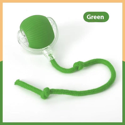 Blue and grey pet toy ball with a green textured tail for cats, shown on a blue background. - Image 12