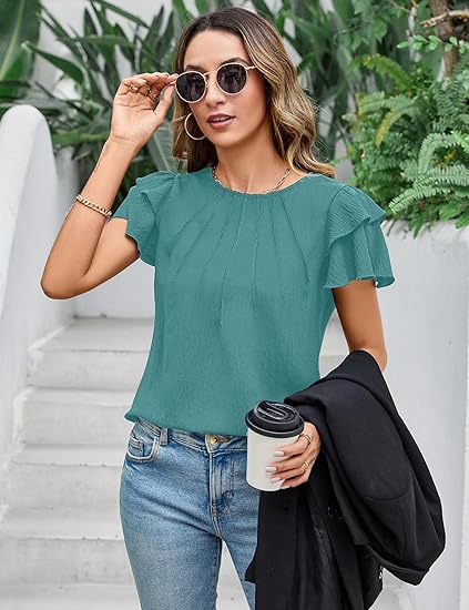 Blusa Ejecutiva Plisada de Manga Corta Cuello Redondo - Image 25