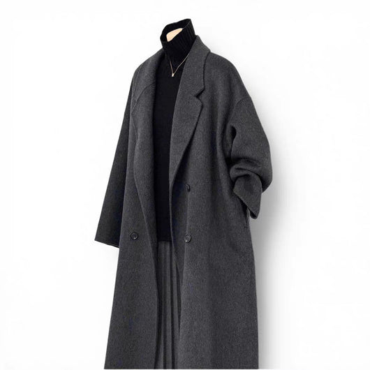 Abrigo de Lana Coreano Gris Oscuro Holgado Largo Mujer Premium - Image 7