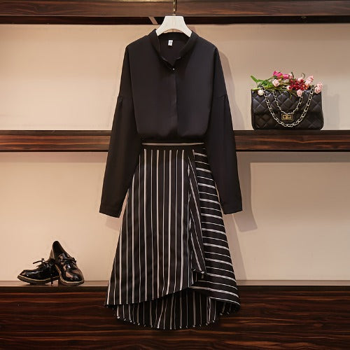 Traje Casual Elegante: Blusa Manga Larga y Falda para Mujer