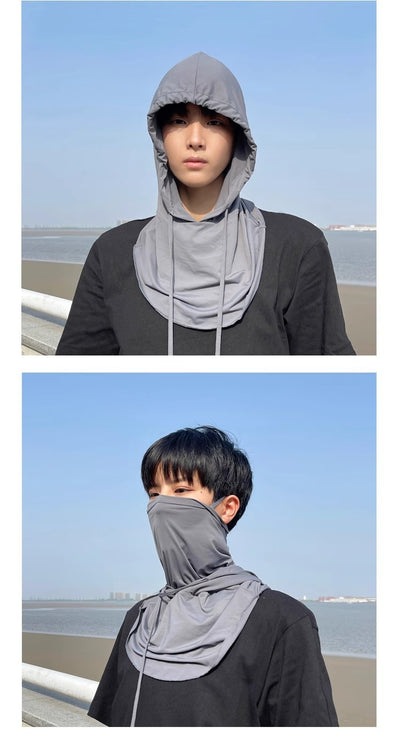 Light gray ice silk sun mask with full face coverage and an attached hood, featuring drawstrings for adjustment. - Image 7