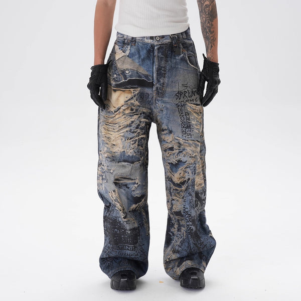 Pantalones Vaqueros Rectos con Estampado 3D Efecto Graffiti Rasgado