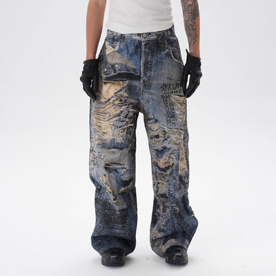 Pantalones Vaqueros Rectos con Estampado 3D Efecto Graffiti Rasgado
