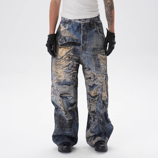 Pantalones Vaqueros Rectos con Estampado 3D Efecto Graffiti Rasgado