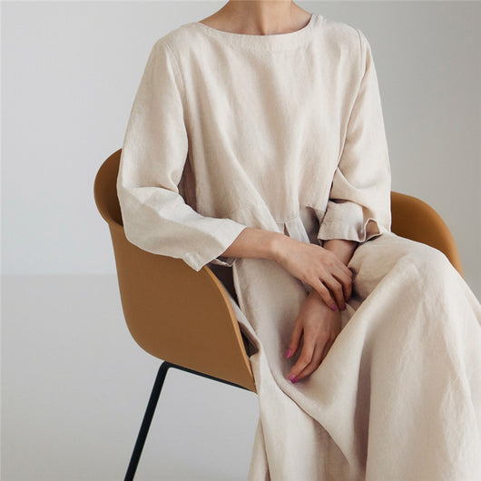 Vestido Lino Suelto Talla Grande - Blusa Larga Estilo Estudiante Cuello Redondo - Image 2