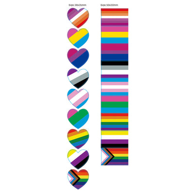 Roll of heart-shaped stickers featuring the Progress Pride flag design with rainbow and chevron stripes. - Image 16