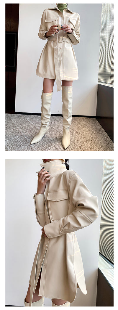Abrigo de Cuero Blanco Retro con Blusa Entallada Midi para Mujer - Image 13