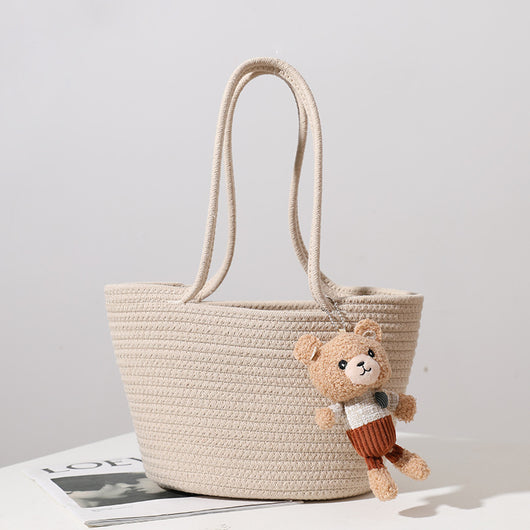 Bolsa de Hombro Tejida en Algodón con Detalles de Rafia - Image 4