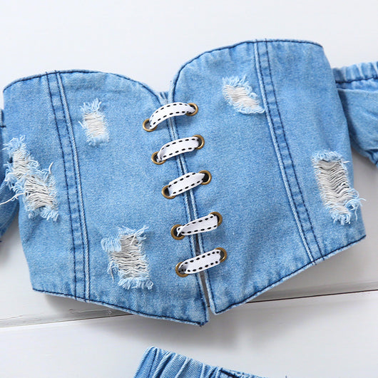 Conjunto de Shorts y Top Denim Rotos para Niñas - Image 3