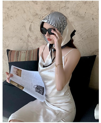 Pañuelo de Seda Cuadrado Rayas Blanco y Negro - Accesorio Versátil para Primavera - Image 58