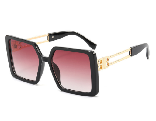 Women's large frame square sunglasses with black plastic frames, purple gradient lenses, and gold-tone metal temples. - Image 8