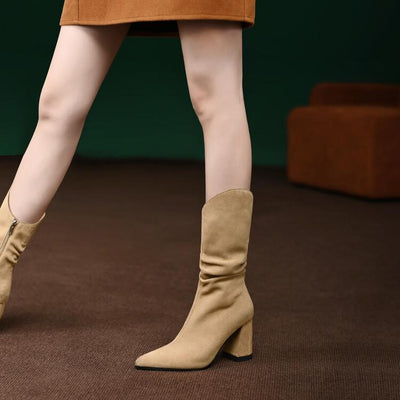 Botas Tobilleras Estilo Coreano con Tacón Grueso y Punta Afilada en Gamuza - Image 5