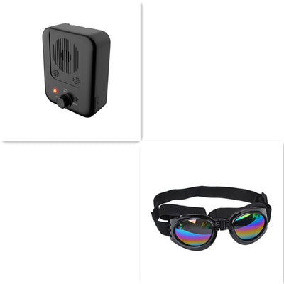 Black ultrasonic anti-barking device with a red light and a control knob, next to yellow pet goggles with rainbow lenses. - Image 20