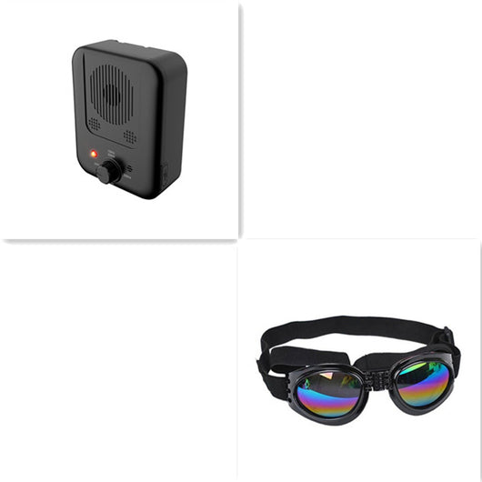 Black ultrasonic anti-barking device with a red light and a control knob, next to yellow pet goggles with rainbow lenses. - Image 20