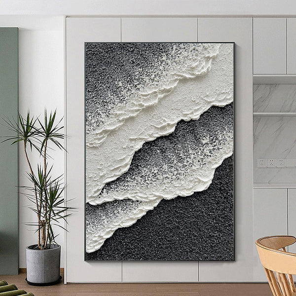 Cuadro Abstracto Olas del Mar 3D - Arte Moderno en Lienzo Pintado a Mano Estilo Minimalista Blanco y Negro
