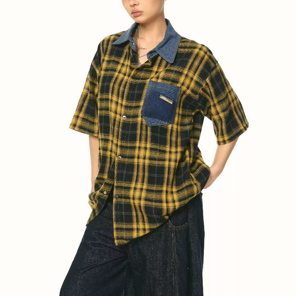Camisa Retro de Cuadros Patchwork Contraste - Manga Corta Verano