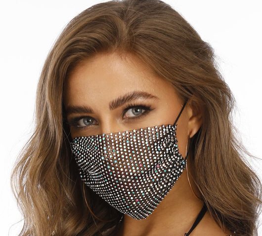 Black fishnet-shaped face mask with star pattern and clear rhinestones, worn by a woman with light brown hair. - Image 8