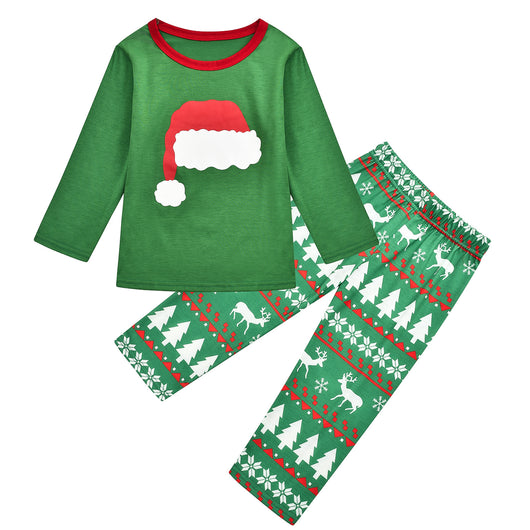 Green Christmas family pajama sets with Santa hat graphic tops and pants featuring reindeer, trees, and snowflakes. - Image 9