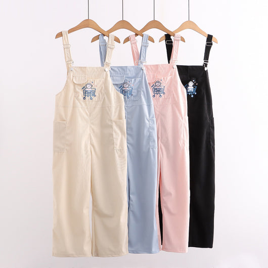 Overol de Pana para Mujer con Bordado de Carrito de Compras - Pantalón Recto Casual Estilo Coreano - Image 6