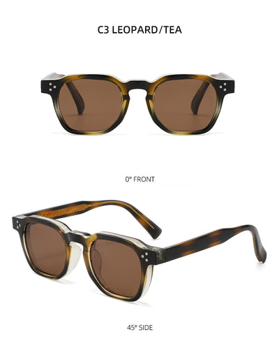 Black square frame sunglasses with dark lenses and small silver accents on the front, shown at an angle. - Image 17