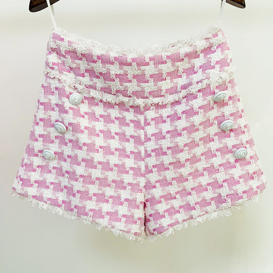 Shorts de Tweed Pata de Gallo Brillantes con Flecos